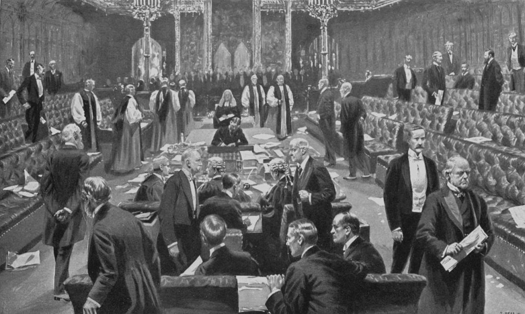 Parliament Act passes the House of Lords 1911 - public domain image from https://en.wikipedia.org/wiki/Parliament_Act_1911#/media/File:Passing_of_the_Parliament_Bill,_1911_-_Project_Gutenberg_eText_19609.jpg