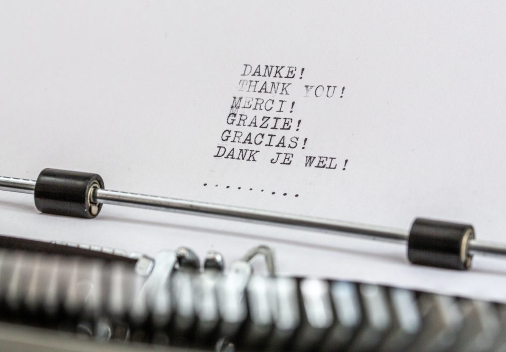 Thank you in different languages typed on a manual typewriter